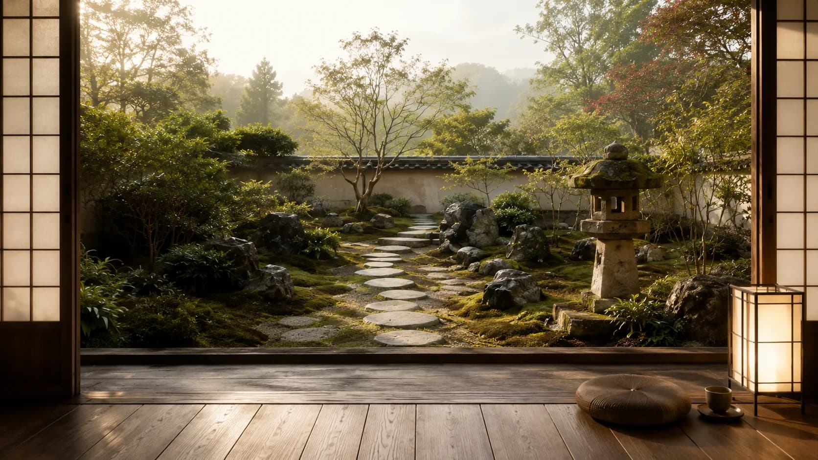 A quiet garden seen from the veranda at dawn